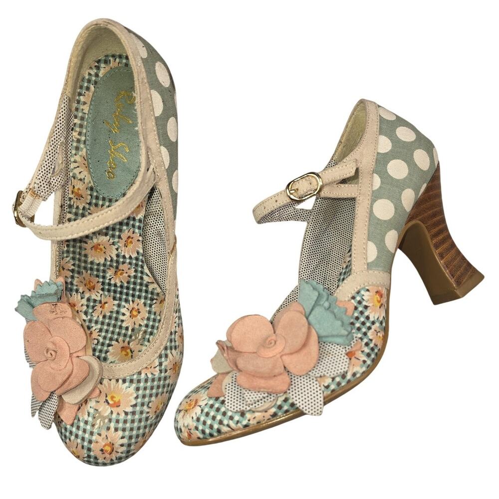Ruby Shoo Mary Jane Heels Womens 6.5 Multicolor Floral Boho Retro Coquette Party